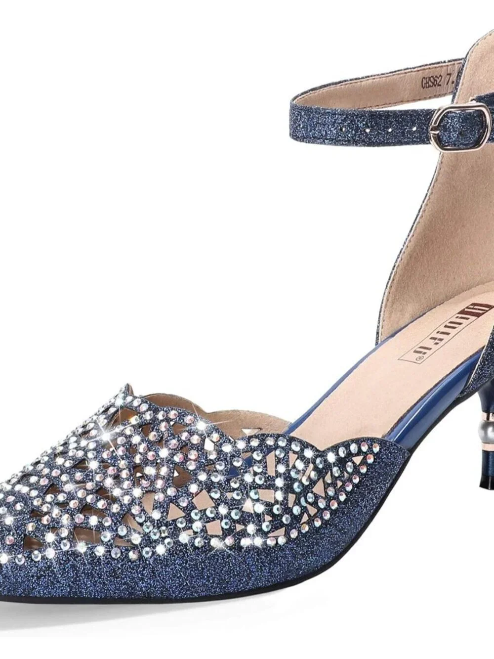 Women's Blue Glitter Rhinestones Low Kitten Heels Pumps Evening Dress Shoes